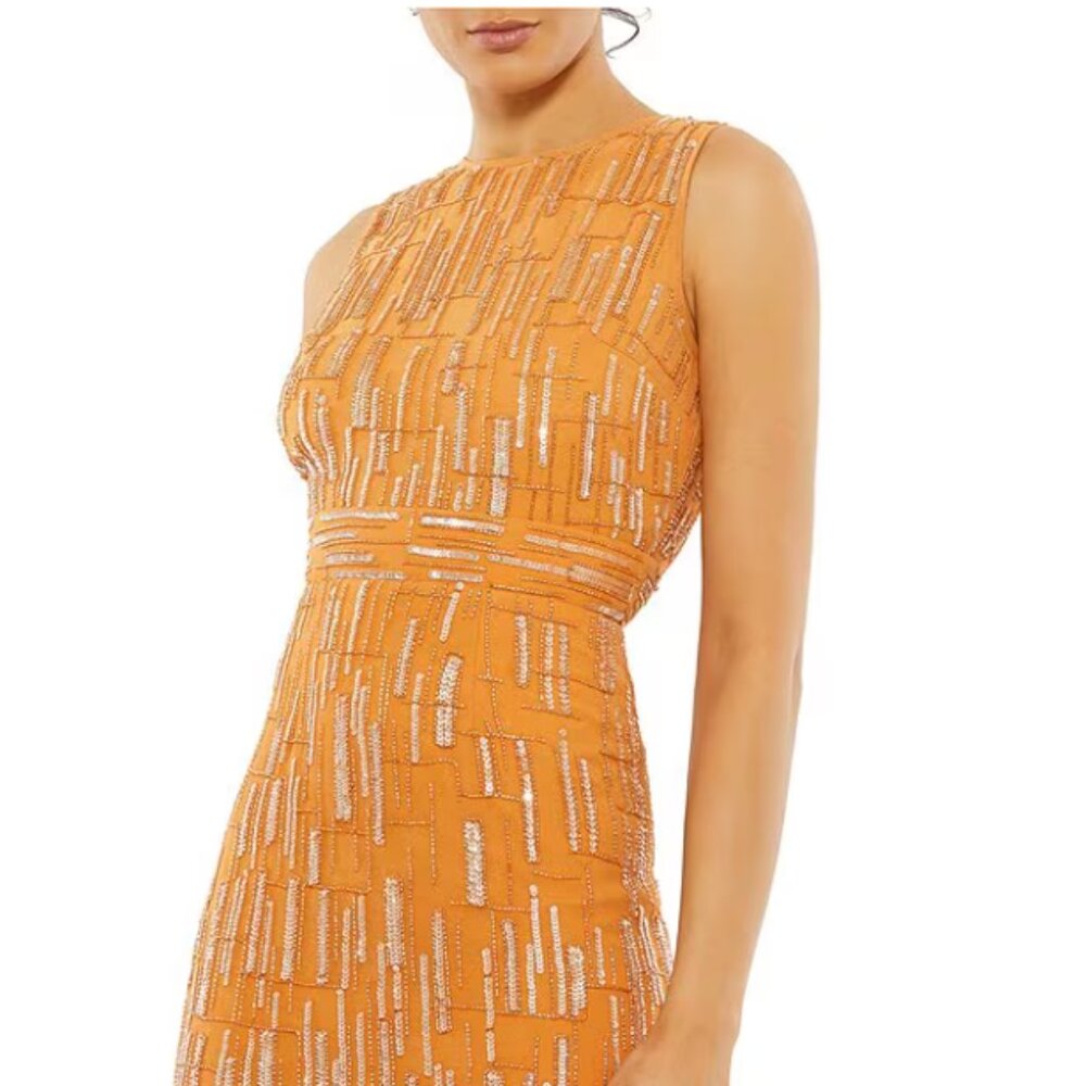 MAC DUGGAL ABSTRACT BEADED SLEEVELESS MIDI SHEATH DRESS